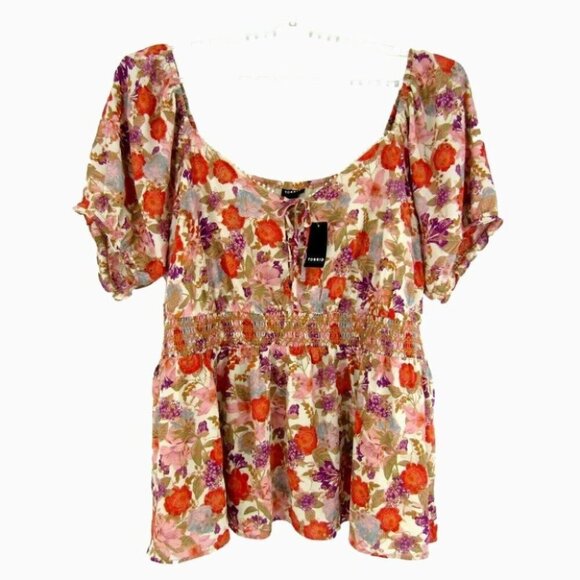 Torrid Floral Smocked Waist Tie Front Peasant Top Size 4X Embroidered Eyelet New - Picture 1 of 13